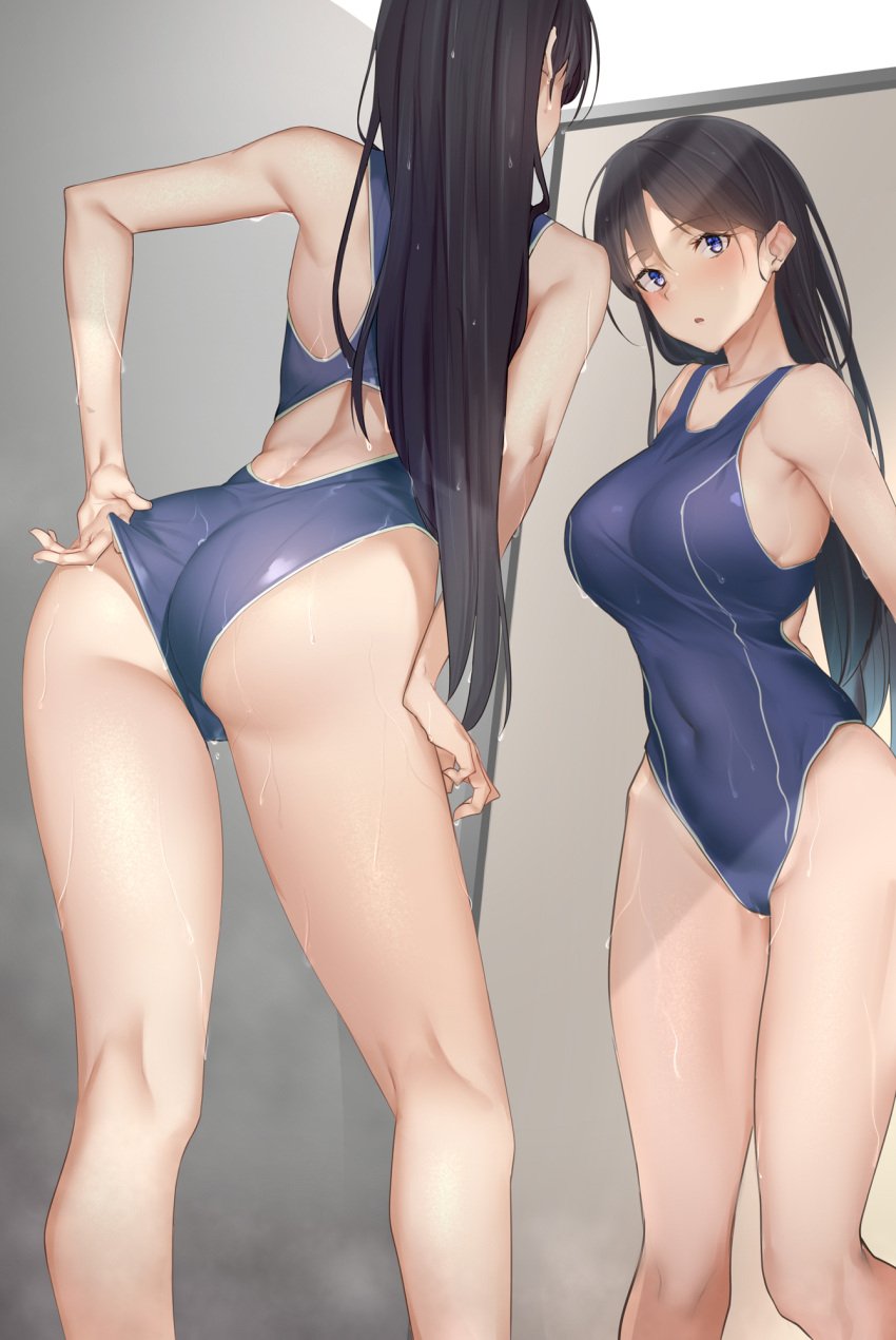 adjusting_clothes adjusting_swimsuit ass back back_cutout bad_id bad_pixiv_id bare_arms bare_legs bare_shoulders big_breasts black_hair blue_one-piece_swimsuit blush breasts clothes_pull clothing_cutout commentary commission competition_swimsuit covered_navel female from_behind full-length_mirror groin highleg highleg_one-piece_swimsuit highres kneepits large_breasts leaning_forward legs long_hair looking_at_mirror looking_at_viewer mirror multiple_views natalia_dominique one-piece_swimsuit one-piece_swimsuit_pull original pallad pulling_own_clothes purple_eyes reflection skeb_commission standing steam swimsuit thighs water wet