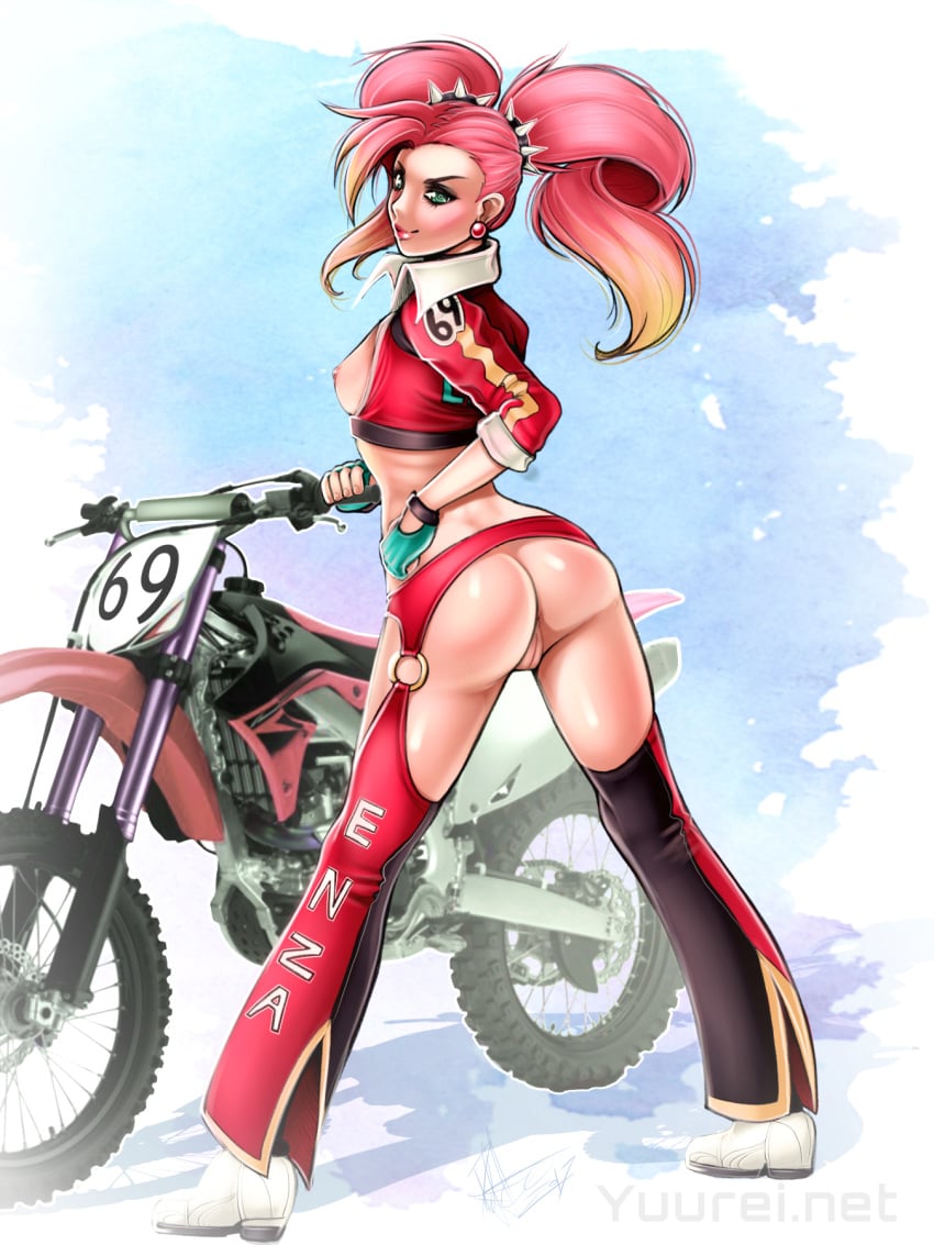 anus ass blonde_hair breasts breasts_out chaps earrings enza_(erotibot) eyelashes female fingerless_gloves gloves gradient gradient_hair green_eyes highres looking_at_viewer motorcycle original pink_hair pussy sideboob small_breasts solo spikes standing twintails two_tone_hair yuureikun