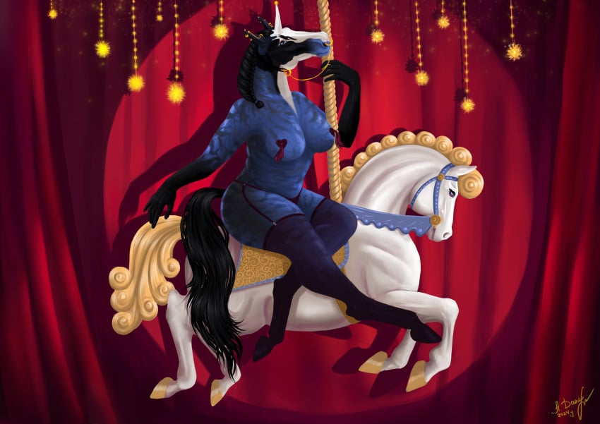 absurd_res alexandradane amusement_ride anthro black_mane black_tail burlesque carousel equid equine female hi_res horn lights mammal mane mythological_creature mythological_equine mythology pasties tail unicorn unicorn_horn