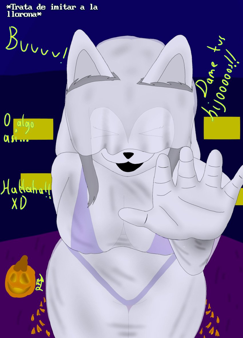 artist_request covered_body furry furry_female halloween la_llorona laughing oc pov sapphire_fox semi_nude temmie temmie_(undertale) temmiel undertale