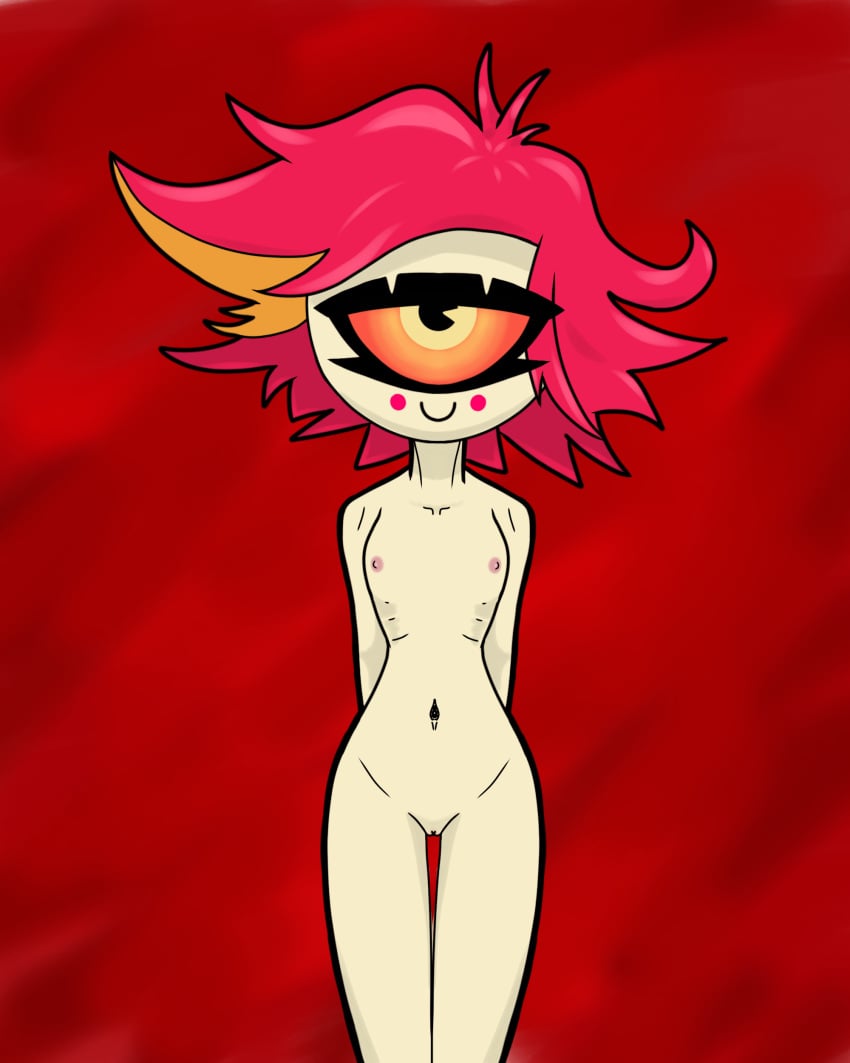 1_eye 1eye 1girls akim_j beige_skin female female_only flat_chest girl hazbin_hotel looking_at_viewer monster_girl niffty petite pink_hair red_hair self_upload slim smile solo solo_female