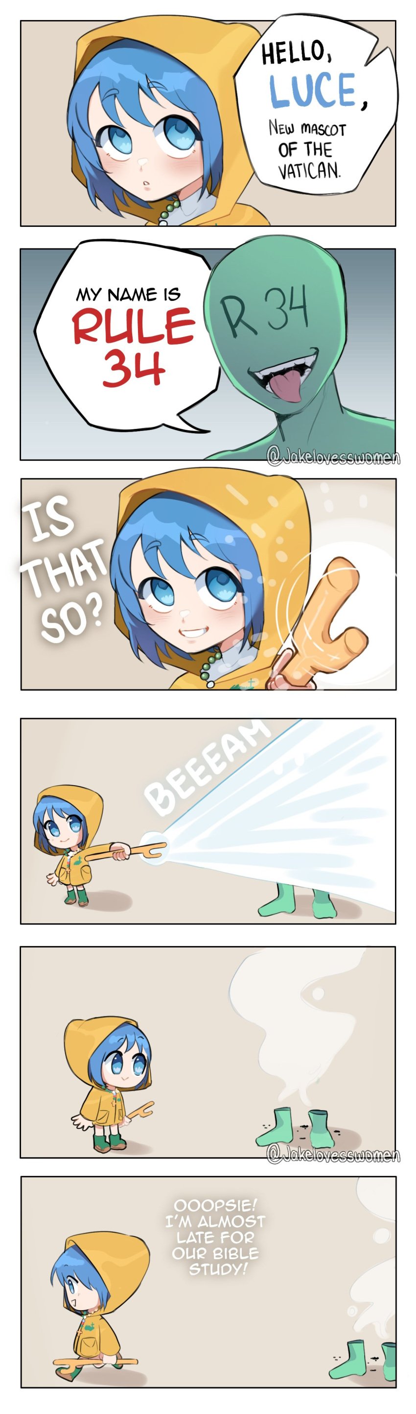 1boy 1girls anon artist_signature blue_eyes blue_hair blue_hair_female chibi coat comic_strip cute cute_girl death energy_blast female green_skinned_male holy human imminent_death luce_(vatican) magical_girl no_sex not_porn outerwear pale_skin raincoat rule34 safe shitpost short_girl short_hair short_hair_female speech speech_bubble text text_bubble tongue_out wtf yellow_coat yellow_hoodie yellow_raincoat