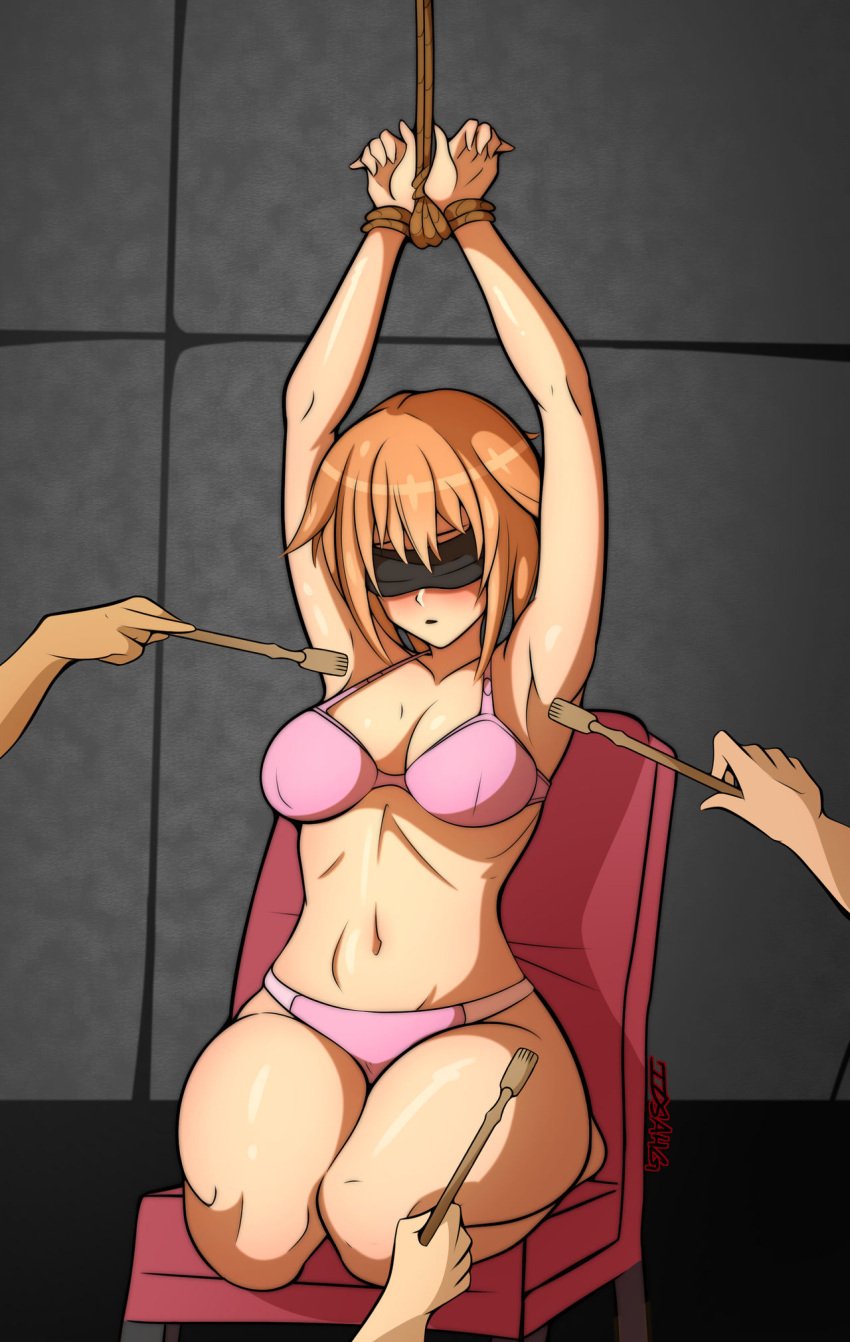 arms_up backscratcher bikini black_blindfold blindfold blonde_hair bondage bondage bound bound_arms bra highres molestation panties pink_bikini pink_bra pink_panties poking restrained seikon_no_qwaser swimsuit teasing teresa_beria tickle_torture tickling tickling_armpits tickling_legs underwear underwear_only