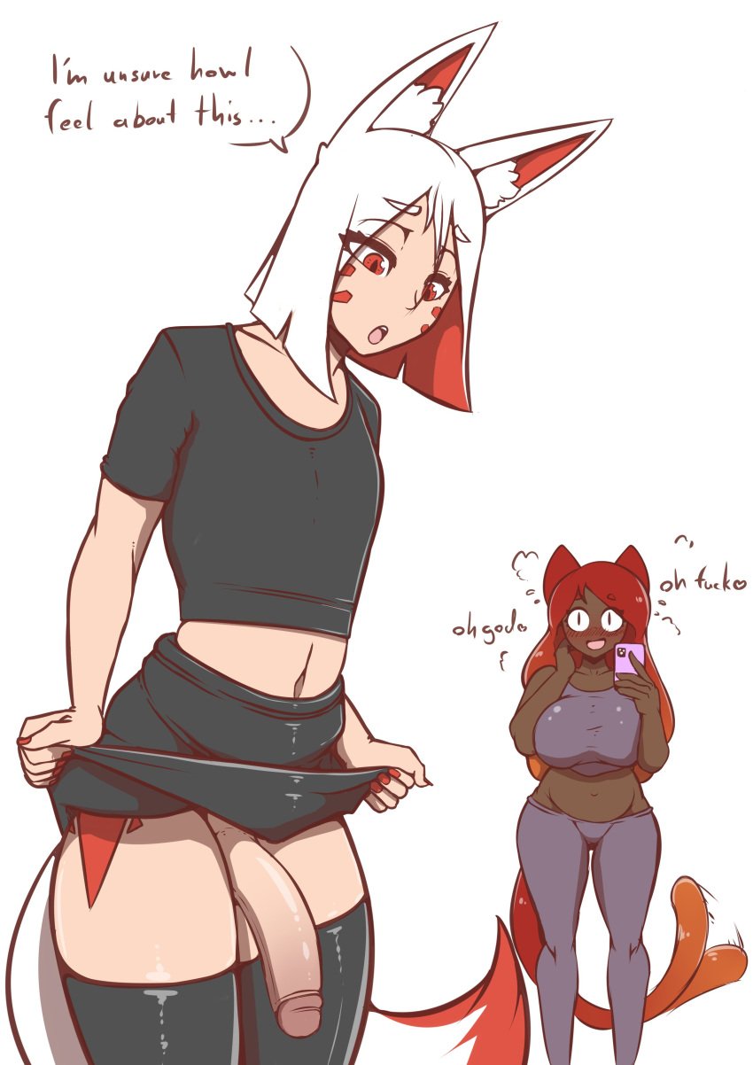 1boy 1girls animal_ear_fluff animal_ears balls ballsack big_breasts big_penis blush body_markings breasts cat_ears cat_tail catgirl clothing crossdressing dark-skinned_female dark_skin dialogue digital_drawing_(artwork) digital_media_(artwork) ear_tuft exposed_penis eyelashes female flaccid fox_boy fox_ears fox_tail half-closed_eyes heavy_breathing highlights highlights_(coloring) hips leggings light-skinned_female light_skin looking_at_another looking_at_partner looking_down male male/female markings nail_polish nails nolani_(quin-nsfw) open_mouth open_smile original original_characters panting penis quin-nsfw red_hair shiny_skin shirt skirt skirt_lift skirt_up smiling smiling_at_partner speech_bubble stockings tail tail_wagging text thick_thighs tight_clothing topwear uncensored vix_(quin-nsfw) wagging_tail white_hair