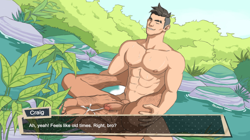 2boys abs anal bara craig_cahn cum dream_daddy:_a_dad_dating_simulator erection hairy happy_sex male_focus multiple_boys muscular nude outdoors penetration penis public_sex sex smile undercut yaoi