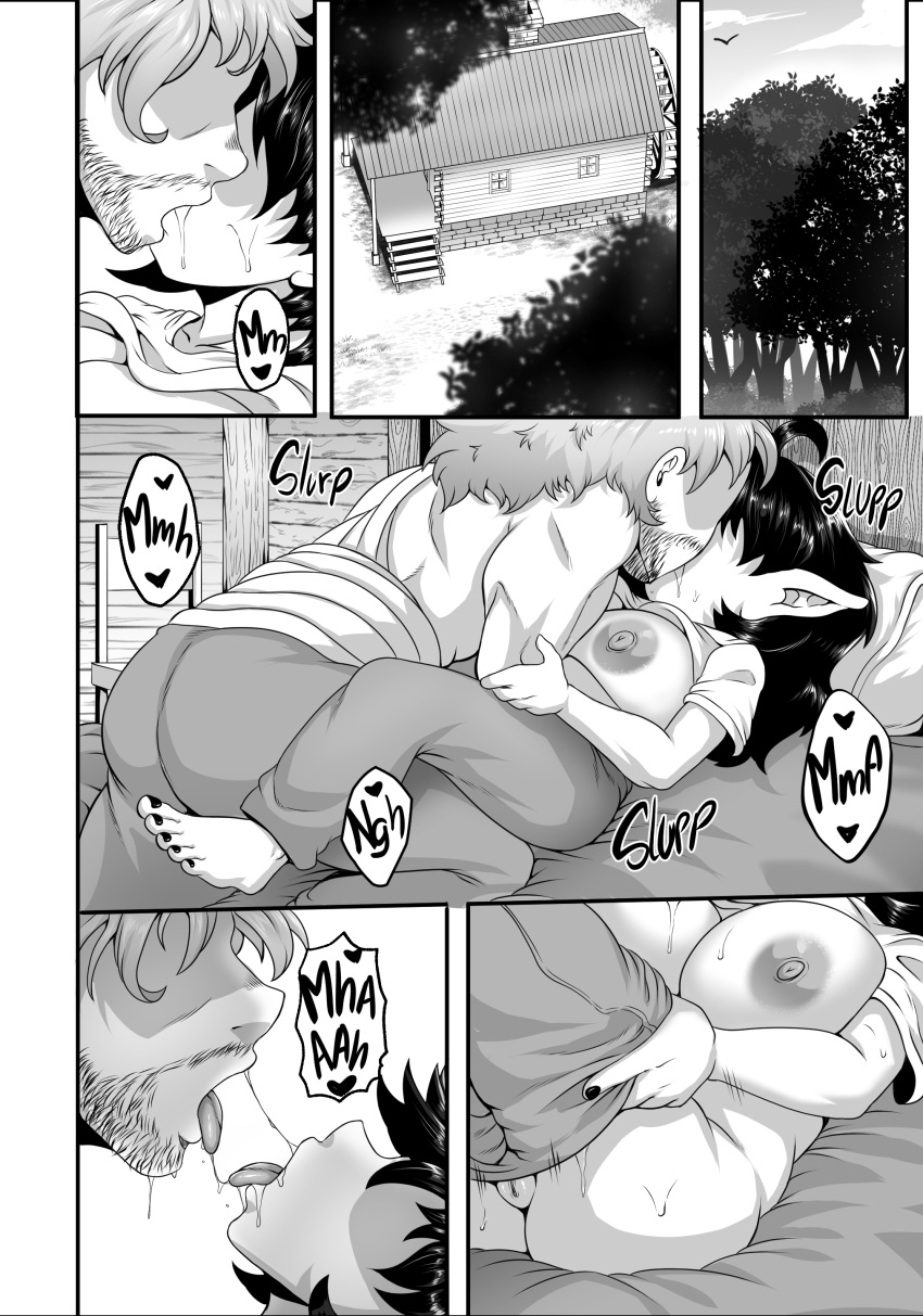 absurd_res areola big_breasts bodily_fluids breasts clothed clothing comic drooling duo female genitals goblin hair hi_res human kissing larger_male male male/female mammal martincorps monochrome nipples not_furry pussy saliva size_difference smaller_female text