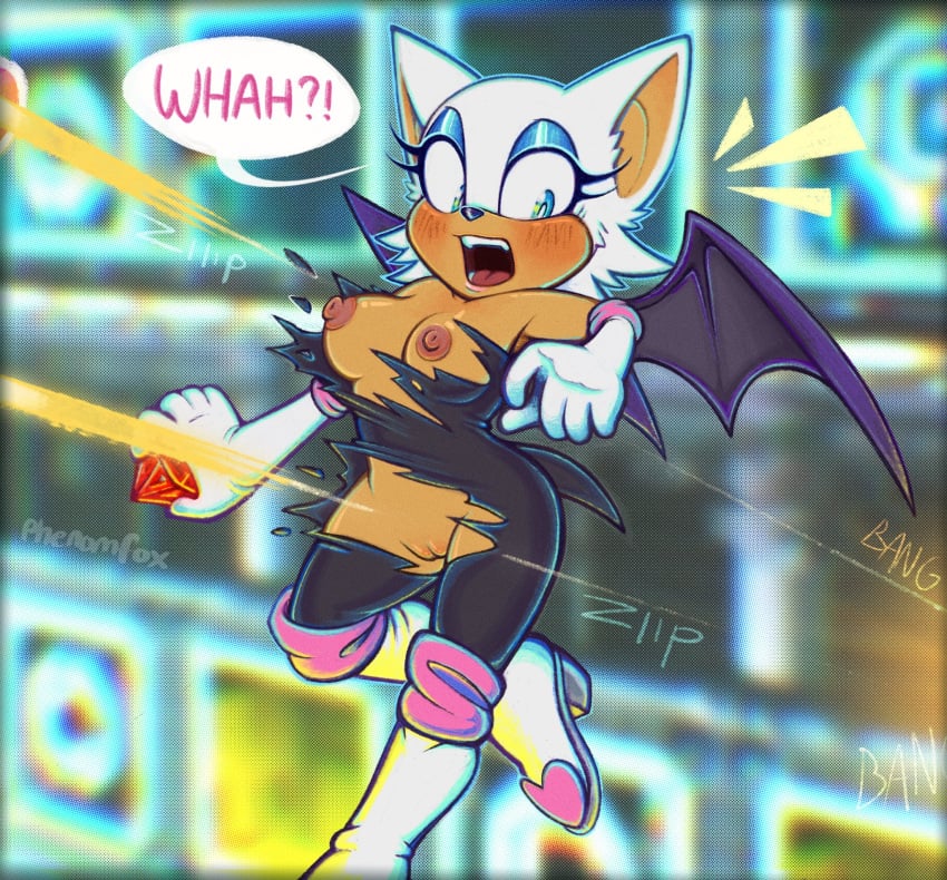 anthro bat blush breasts bullet clothed clothing embarrassed exposed female genitals gunshot hi_res mammal nipples no_underwear phenomfox pussy rouge_the_bat sega solo sonic_(series) sonic_the_hedgehog_(series) speech_bubble text torn_clothing wardrobe_malfunction