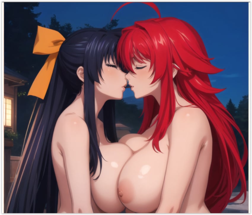 2females 2girls 2women ai_generated akeno_himejima dominant_females girl_on_girl high_school_dxd lesbian_couple lesbian_domination lesbian_kiss lesbian_sex pocky_kiss rias_gremory yuri