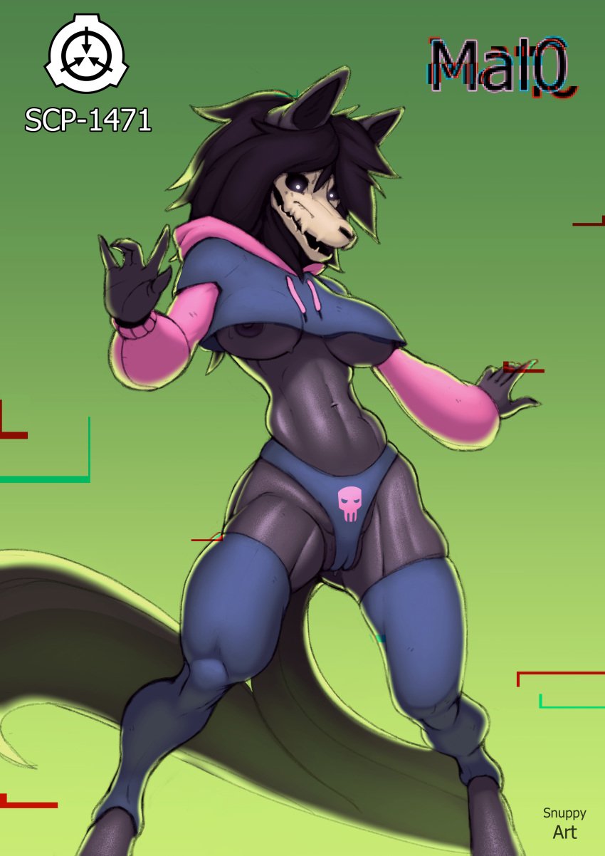 absurd_res anthro big_breasts black_body black_clothing black_fur black_hair black_leg_warmers black_legwear black_thigh_highs bone breasts camel_toe clothed clothing cropped_hoodie digital_media_(artwork) female fur genital_outline hair hi_res leg_warmers legwear malo meme meme_clothing monster nipples nude paggi_outfit panties pussy_outline scp-1471-a scp_foundation simple_background skull skull_head snuppyart solo thigh_highs underwear white_eyes