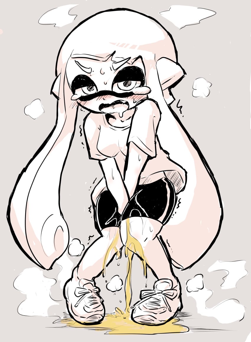 angry bangs blush embarrassed female_only inkling inkling_girl long_hair looking_at_viewer medium_breasts oerba_yun_fang omorashi peeing peeing_self sassan solo splatoon steam tears urine watersports