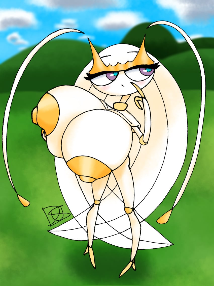 2024 absurd_res anthro areola arthropod ass big_areola big_breasts big_nipples blue_eyes blush breasts colored detailed_background digital_drawing_(artwork) digital_media_(artwork) dus female full-length_portrait generation_7_pokemon gold_body gold_skin hi_res huge_areola huge_breasts huge_nipples humanoid insects nintendo nipples nude open_mouth pheromosa pokemon pokemon_(species) portrait purple_eyes shaded short short_anthro short_stack signature size_difference skinny slim smaller_female solo ultra_beast white_body white_skin