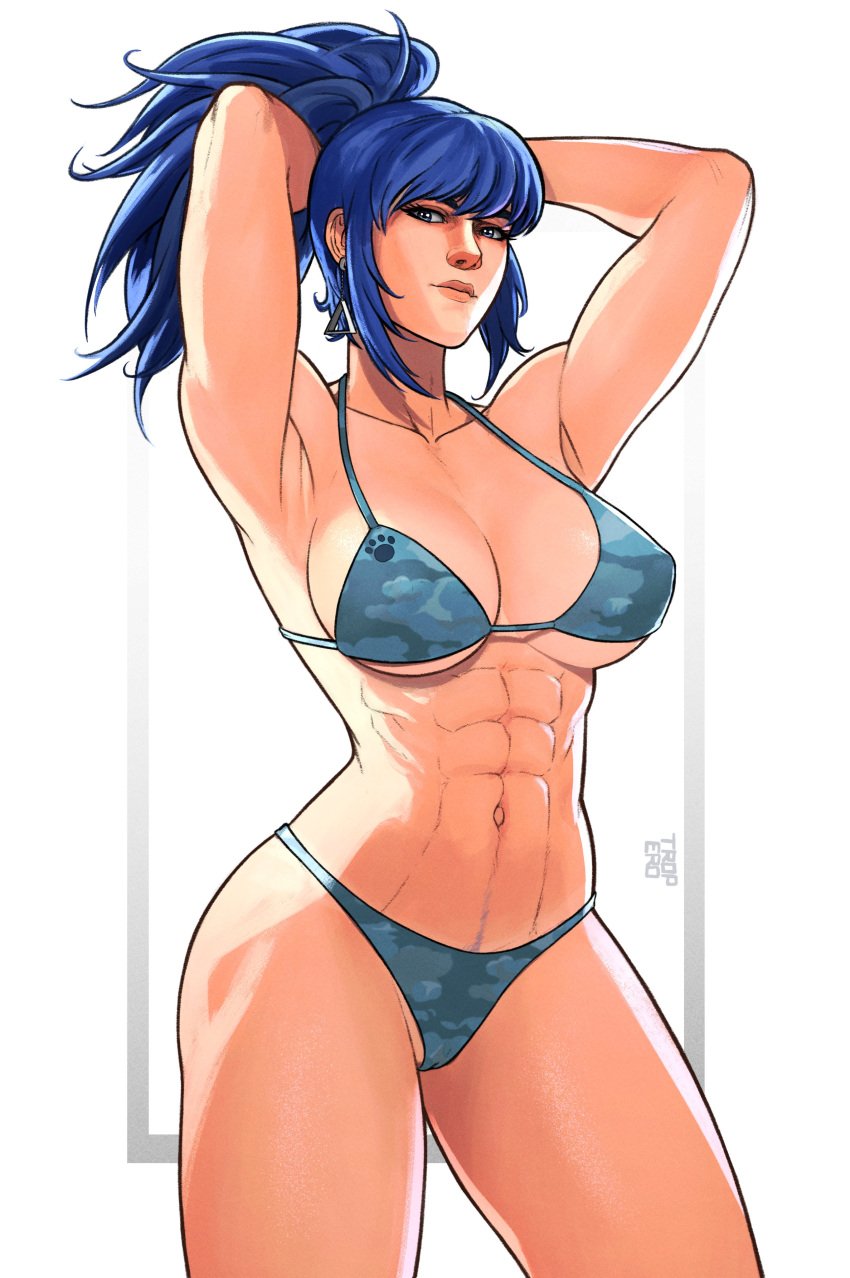 1girls abs absurd_res armpits arms_up artist_name big_breasts bikini blue_bikini blue_eyes blue_hair breasts cameltoe camouflage camouflage_bikini cleavage cowboy_shot earrings female_pubic_hair hi_res king_of_fighters large_breasts leona_heidern matching_hair/eyes muscular muscular_female ponytail pubic_hair pubic_hair_peek simple_background solo swimsuit tropero variant_set