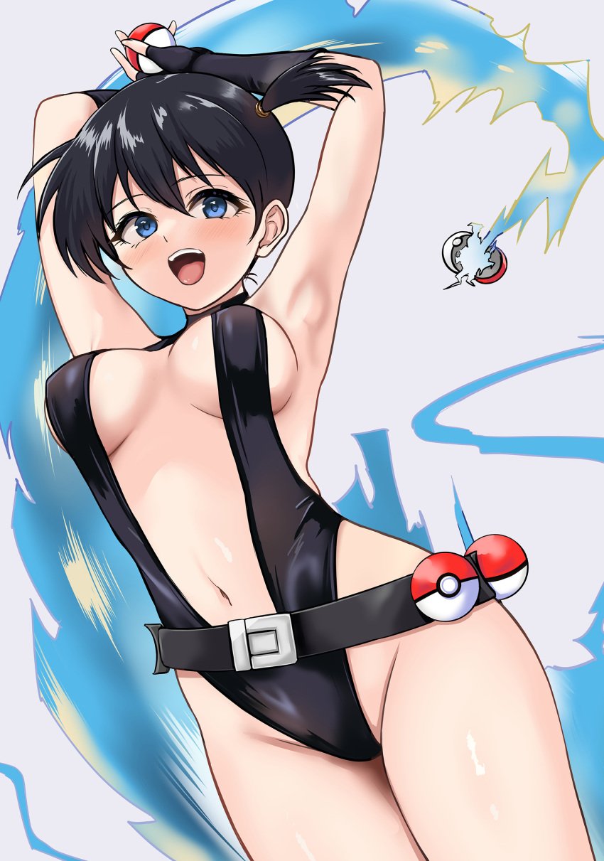 :d absurdres armpits arms_behind_head arms_up asymmetrical_hair belt black_belt black_gloves black_hair black_one-piece_swimsuit blue_eyes blush breasts cosplay covered_navel creatures_(company) female female_only fingerless_gloves game_freak gincha gloves gym_leader hair_between_eyes highleg highres holding holding_poke_ball kasumi_(pokemon) large_breasts long_hair looking_at_viewer navel nintendo one-piece_swimsuit open_mouth poke_ball poke_ball_(basic) pokemon ponytail revealing_clothes short_hair side_ponytail smile solo swimsuit teeth the_electric_tale_of_pikachu thighs tongue twintails upper_teeth_only