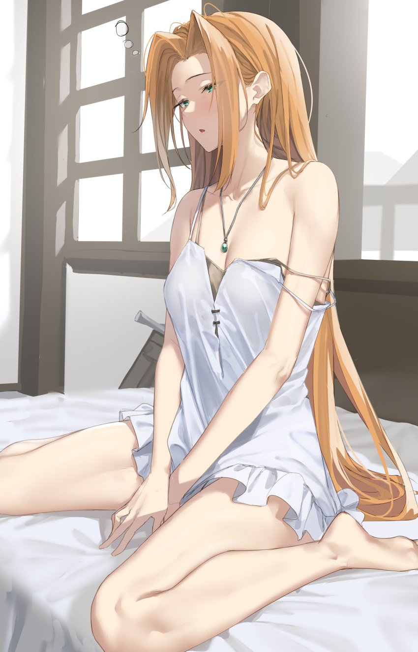 absurdres babydoll bed blush breasts cleavage collarbone commentary_request female frilled_babydoll green_eyes highres indoors long_hair on_bed orange_hair original pallad parted_bangs parted_lips sitting solo squeans white_babydoll window