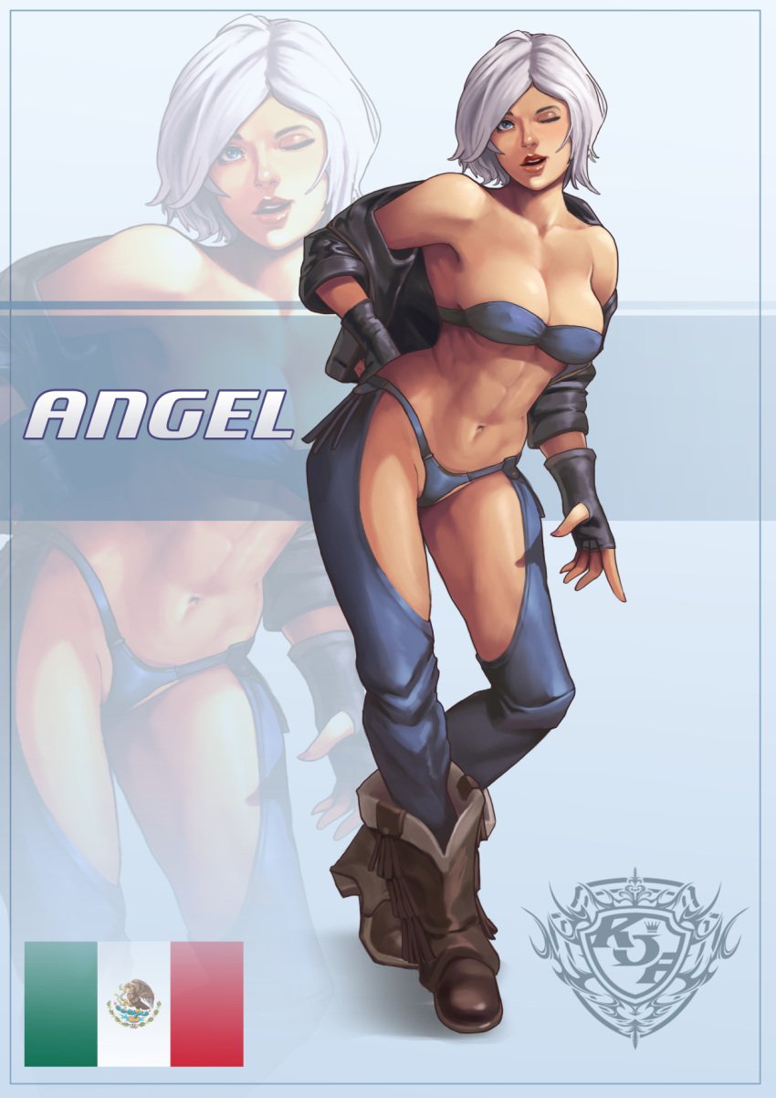 1girls angel_(kof) artist_request athletic athletic_female big_breasts blue_eyes boots bra breasts busty clothed female gloves jacket king_of_fighters leather leather_clothing legwear light-skinned_female light_skin looking_at_viewer mexican nipple_bulge one_eye_closed open_clothes open_mouth pale-skinned_female pale_skin panties seductive seductive_eyes seductive_look short_hair source_request standing thick thick_lips thick_thighs thighs toned toned_female voluptuous voluptuous_female white_hair