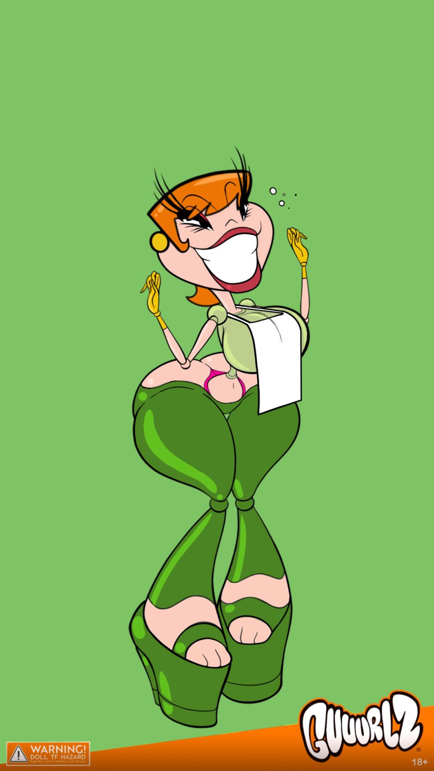 bimbo_lips dexter's_laboratory dexter's_mom dollification female guuurlz high_heels hourglass_figure huge_ass huge_breasts lips makeup permanent_smile polkatoonz red_hair revealing_clothes smile thick_lips thick_thighs transformation transformation_sequence wide_hips