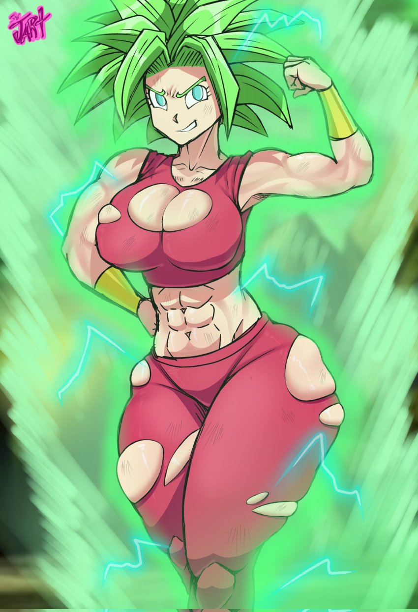 1girls ass big_ass big_breasts breasts dragon_ball dragon_ball_super flexing green_eyes green_hair kefla muscular muscular_female ripped_clothing ripped_pants spiky_hair sports_bra srjrgart thick thick_ass thick_thighs