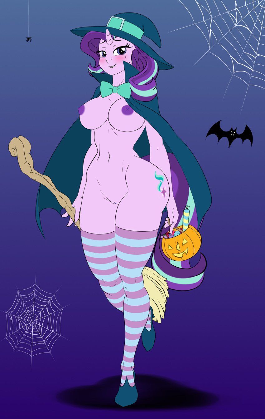 anthro anthrofied areola big_breasts biped blush breasts clothing equid equine female friendship_is_magic genitals halloween hasbro hat headgear headwear hi_res holidays horn legwear mammal my_little_pony mythological_creature mythological_equine mythology nipples pia-sama pussy smile solo starlight_glimmer_(mlp) thick_thighs thigh_highs unicorn witch_hat