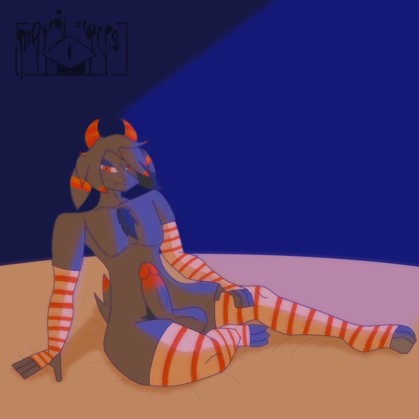 absurd_res anthro armwear balls bovid caprine clothing digital_media_(artwork) floppy_ears fur genitals goat grey_body grey_fur gusta_(gusta) hair hi_res horn legwear looking_at_viewer male mammal mochii_starrs nude orange_eyes orange_horn orange_stripes penis simple_background solo stripes thigh_highs