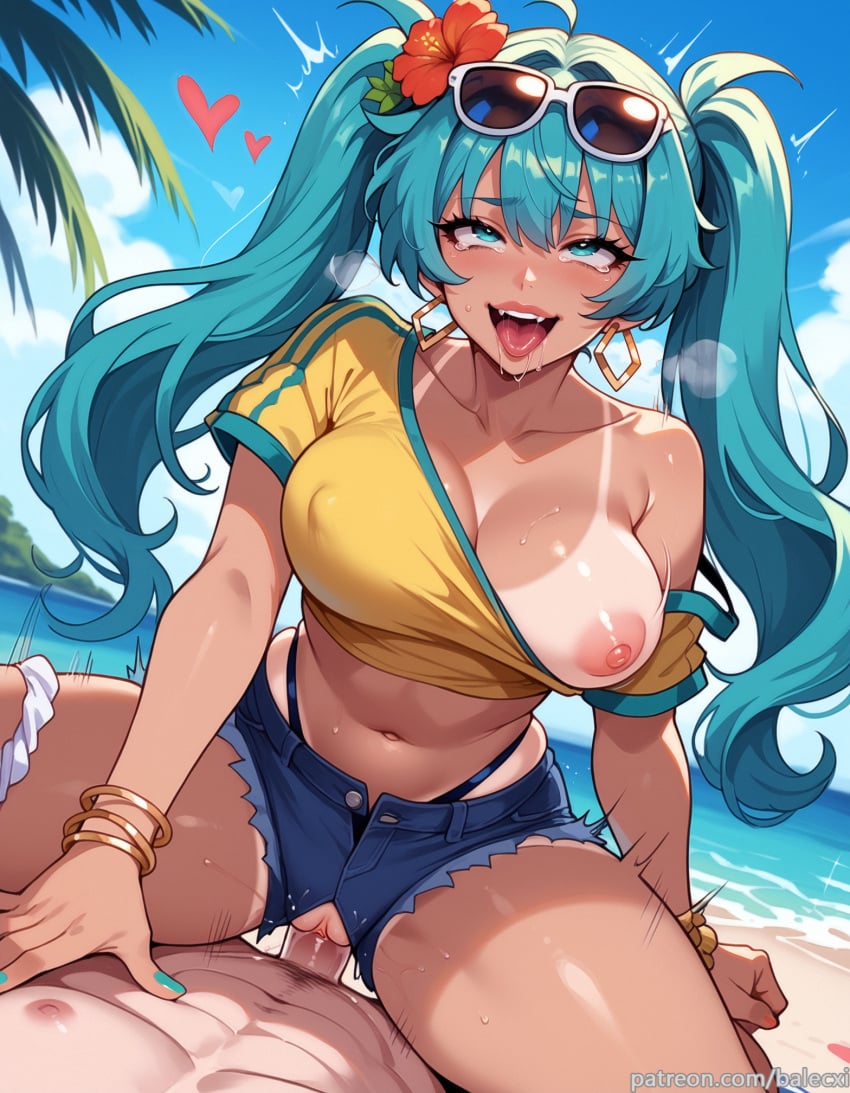 1boy ai_generated aqua_eyes aqua_hair aqua_nails balecxi beach bracelet brazilian_miku clothed_sex cowgirl_position cowgirl_position crop_top day denim denim_shorts eyewear_on_head female hair_flower hair_ornament hatsune_miku hoop_earrings jewelry large_breasts long_hair nail_polish navel nipples ocean one_breast_out open_fly open_mouth outdoors panties_around_one_leg patreon_username penis pov pussy saliva shirt shorts sky solo_focus straddling straight sunglasses tan tanlines thighs tongue tongue_out twintails uncensored underwear vaginal_penetration