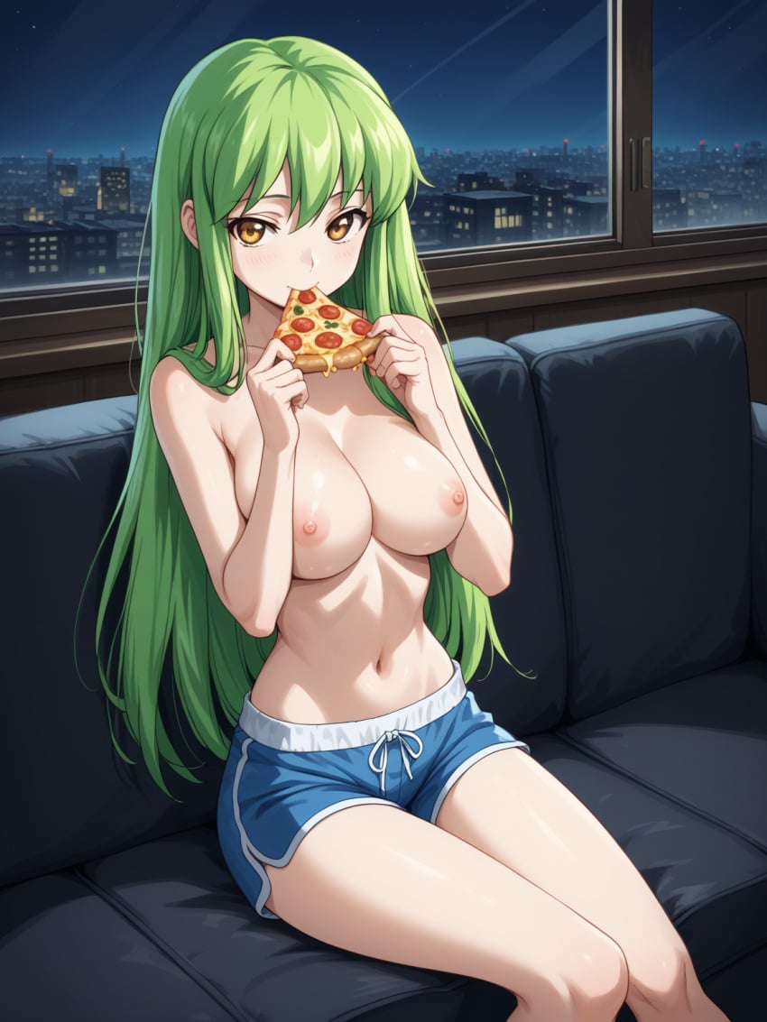 1girls ai_generated big_breasts breasts female green_hair nerd nerdy nerdy_female pizza pizza_box room sexy.ai shorts sofa topless topless_female