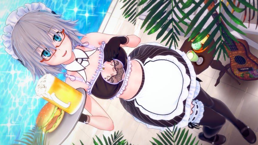 1girls 3d 3d_(artwork) beer belly_button blue_eyes breasts burger cleavage cleavage_cutout date_a_live dr_xidan exposed_torso glasses grey_hair headband honjou_nia koikatsu light-skinned_female looking_at_viewer maid maid_outfit pool short_hair skirt socks sole_female solo thighs