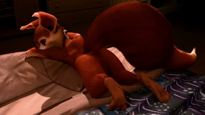 absurd_res anthro anus ass bed bedroom_eyes dota female fur furniture genitals hi_res hoodwink_(dota) hug huge_filesize hugging_object hugging_pillow looking_back mammal narrowed_eyes nude nude_anthro nude_female pillow rodent sciurid seductive solo tail tree_squirrel tumbunski valve