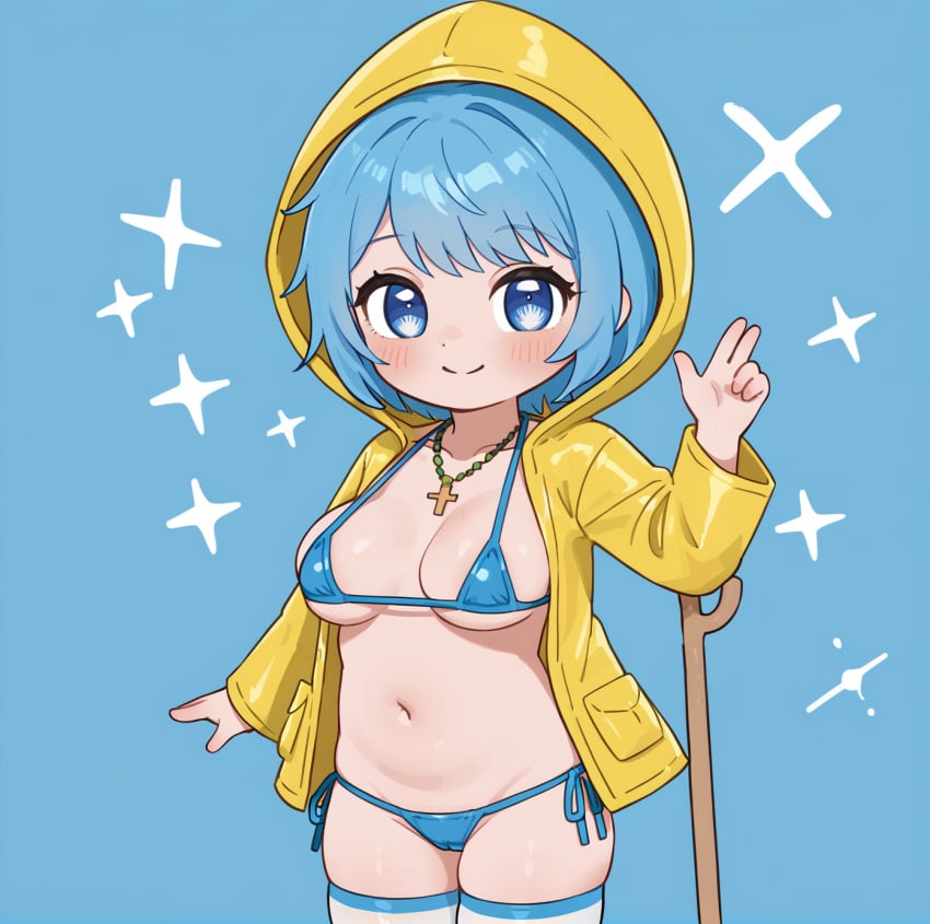 1girls 2d ai_generated belly bible bikini blue_bikini breasts jewelry looking_at_viewer luce_(vatican) micro_bikini raincoat solo solo_female swimsuit yellow_raincoat