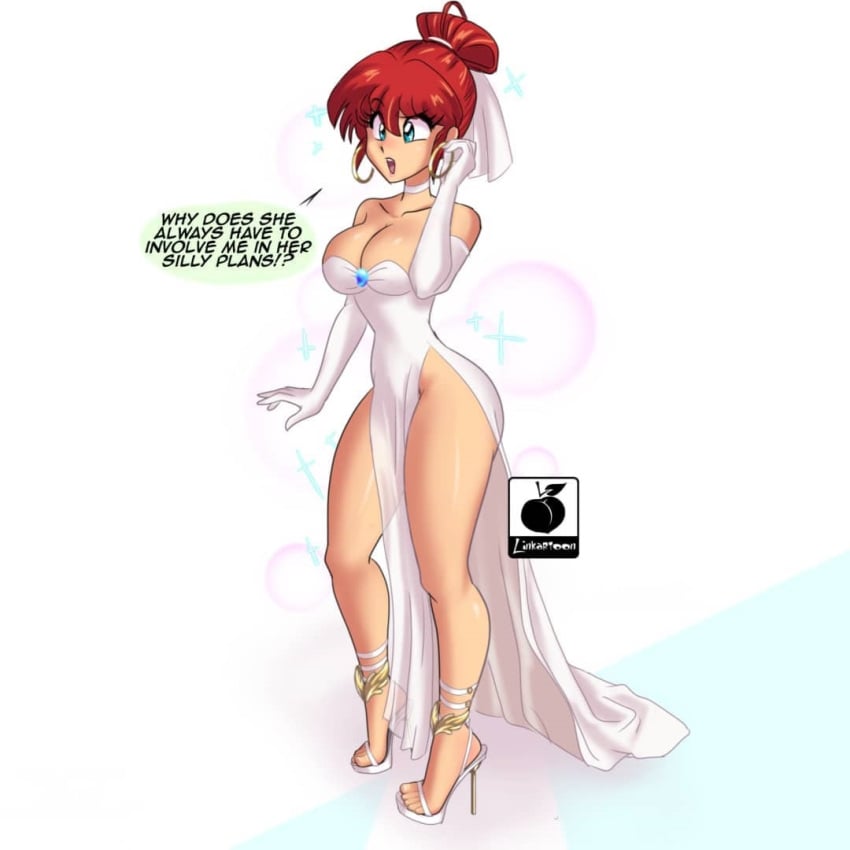 1girls ass blue_eyes breasts bridal_gauntlets bridal_gloves bride choker english_text female female_only hair_bun high_heels linkartoon ranma-chan ranma_1/2 ranma_saotome red_hair slit slit_dress solo text wedding_dress white_background