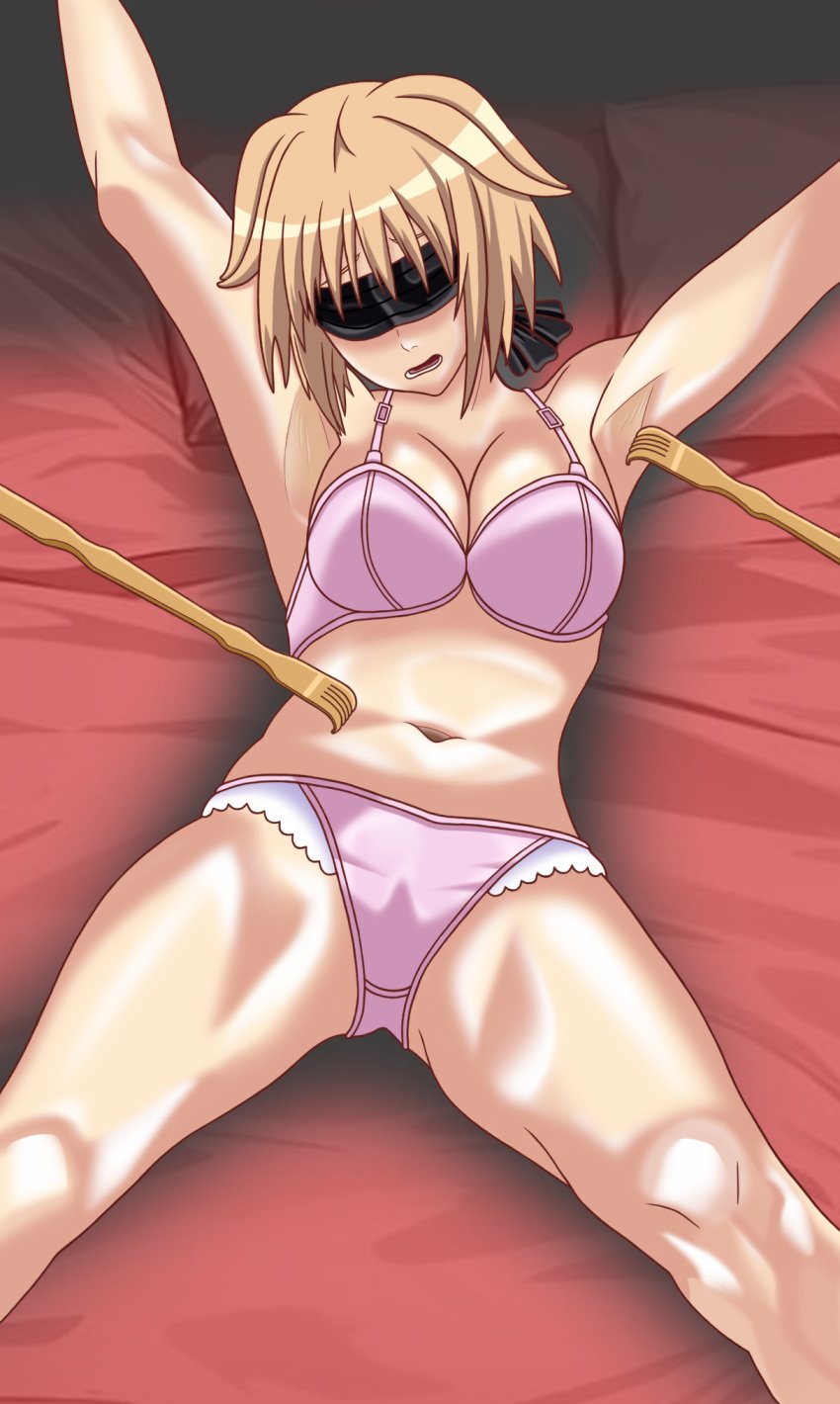 arms_up backscratcher bikini black_blindfold blindfold blonde_hair bondage bondage bound bound_arms bra highres molestation panties pink_bikini pink_bra pink_panties poking restrained seikon_no_qwaser swimsuit teasing teresa_beria tickle_torture tickling tickling_armpits tickling_legs underwear underwear_only