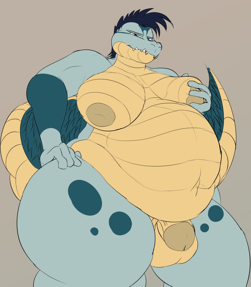 alligator alligatorid anthro belly big_breasts breast_squeeze breasts bulge crocodilian gator_girl genitals gynomorph hi_res huge_thighs intersex nude overweight overweight_gynomorph overweight_intersex penis reptile scalie solo squeezing thick_thighs