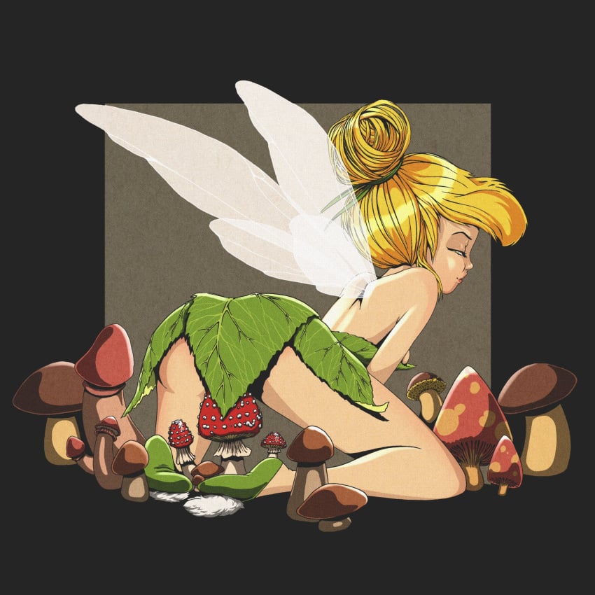 blonde_hair disney disney_fairies fairy fairy_wings implied_masturbation leaf_clothing mushroom simple_background sir_red_fox tinker_bell