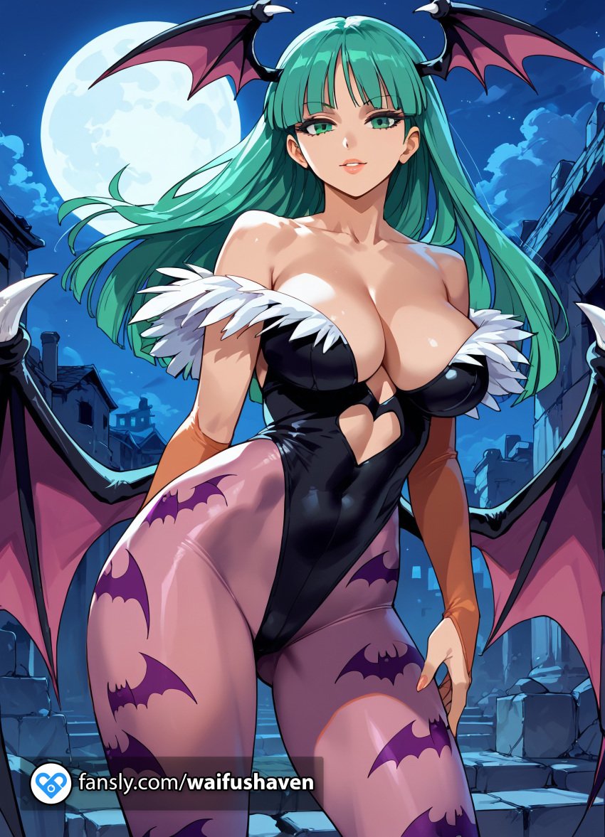 aensland ai_generated bat bat_wings big_boobies big_breasts breasts c_cup cc_cup cosplay costume d_cup darkstalkers dd_cup female fringe green_eyes green_hair halloween halloween_costume huge_boobies huge_boobs huge_breasts long_hair morrigan_aensland night nipples nude solo viewer_pov young