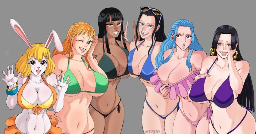 6+girls anthro bare_shoulders bikini black_hair blonde_hair blue_eyes boa_hancock brown_eyes carrot_(one_piece) dark-skinned_female female female_only large_breasts looking_at_viewer looking_away midriff nami nefertari_vivi nico_robin nico_robin_(pre-timeskip) one_piece orange_hair post-timeskip pre-timeskip rabbit_ears rabbit_girl smile thick_thighs yrjio