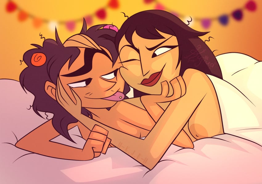 after_sex bed bed_head bedroom bisexual_(female) breasts canon_couple cleopatra cleopatra_smith clone_high frida_kahlo_(clone_high) hbo_max human interracial messy_hair morning_after naked not_furry pierced_tongue unknown_artist wholesome yuri