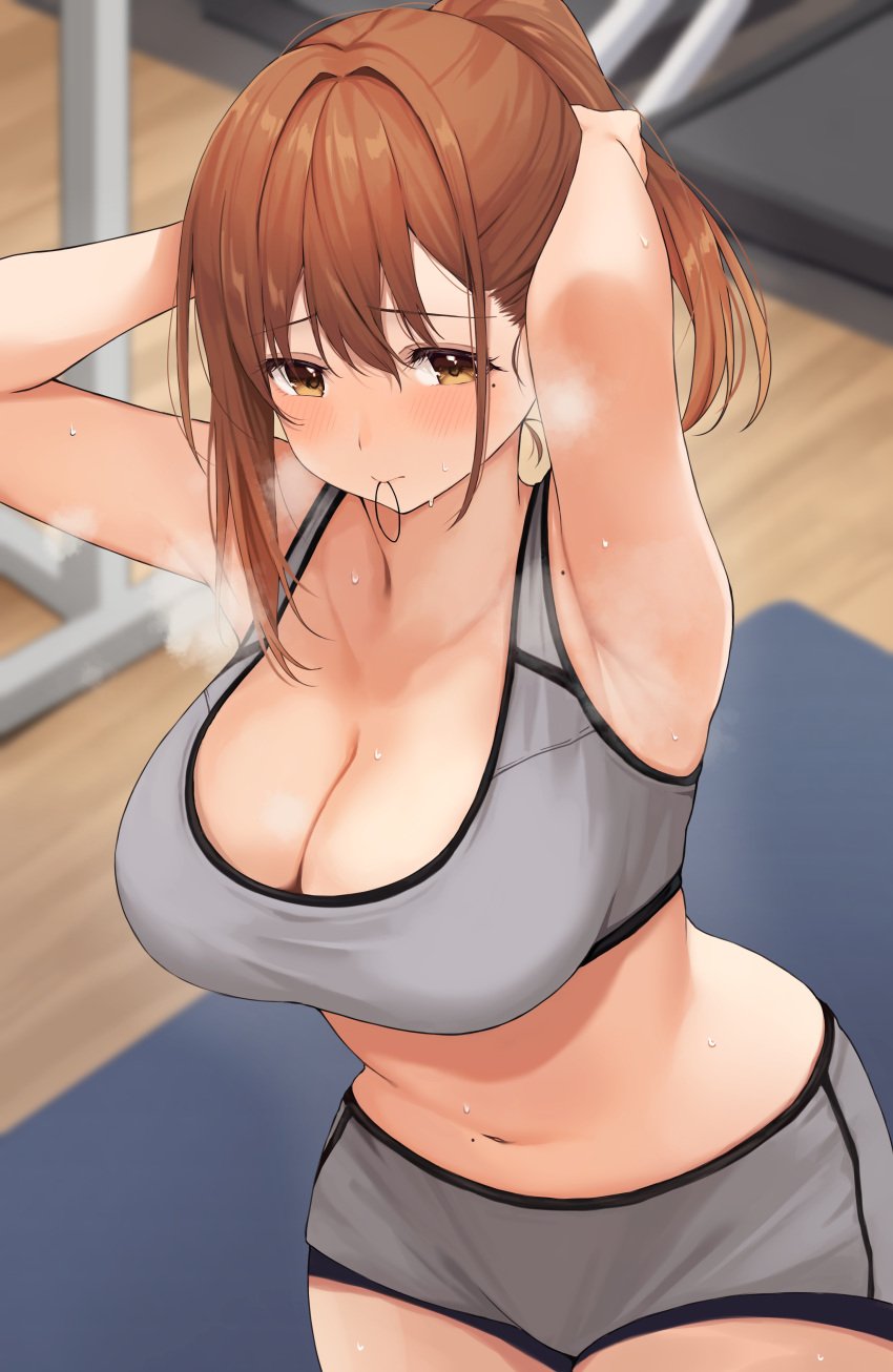 1girls absurd_res armpits arms_up bare_arms bare_shoulders big_breasts breasts brown_eyes brown_hair cleavage cowboy_shot crop_top grey_shorts grey_sports_bra hair_between_eyes hair_tie_in_mouth hi_res indoors long_hair looking_at_viewer midriff mouth_hold navel original ponytail short_shorts shorts solo sports_bra stomach udon_(udonalium)