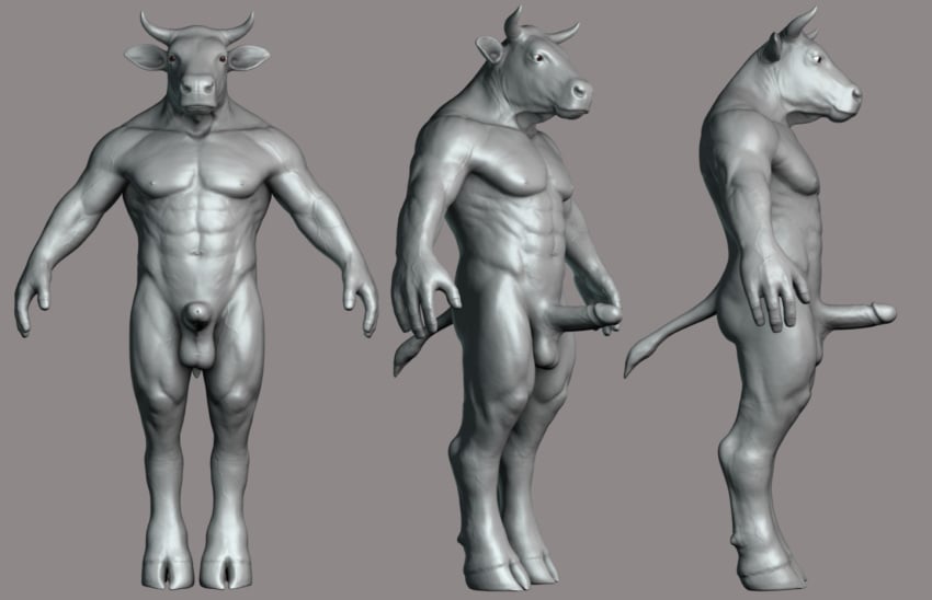 2011 3d 4_fingers abs anthro balls bovine cattle cloven_hooves digitigrade erection frenulum front_view glans grey_background hooved_fingers hooves horn humanoid_hands humanoid_penis male mammal model model_sheet muscular muscular_male navel nipples nude penis realistic retracted_foreskin sculpt side_view sidesack simple_background solo standing tail_tuft tergos thick_neck three-quarter_view tuft turnaround uncut vein zbrush