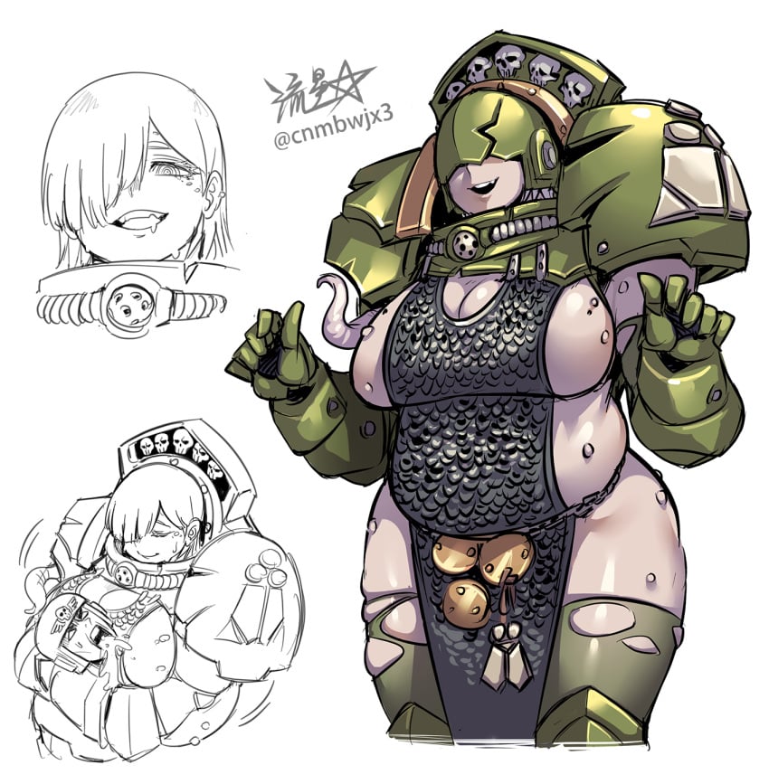 1boy 1girls adeptus_astartes armor armored_female armored_gloves artist_logo artist_name artist_signature astra_militarum bbw belly breasts chaos_(warhammer) chaos_space_marine chubby chubby_belly chubby_female cleavage cleavage_cutout cleavage_window closed_eyes closed_mouth cnmbwjx death_guard elbow_gloves female female_focus female_human gauntlets genderswap genderswap_(mtf) helmet high_resolution highres hips hug huge_breasts huge_thighs imperial_guard large_breasts male male_human monster monster_girl nightmare_waifu open_mouth pale-skinned_female pale_skin pauldrons plague_marine post-human rule_63 ryuusei_(mark_ii) simple_background smile tentacle thick_thighs thigh_highs thigh_socks thigh_squish thighhighs thighs torn_clothes torn_clothing torn_legwear torn_pantyhose torn_thighhighs vomit warhammer_(franchise) warhammer_40k warts white_background white_hair wide_hips wide_thighs