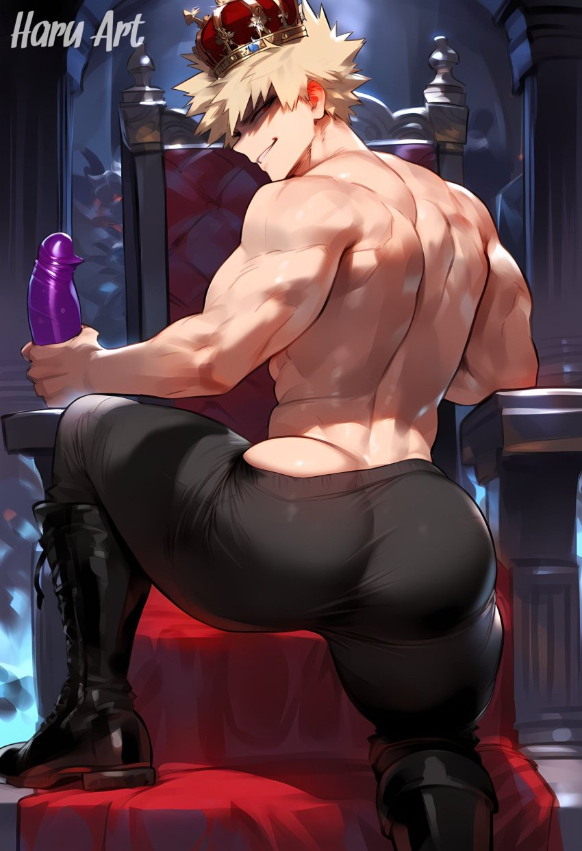 ai_generated ass big_ass big_butt black_hair black_hair_bottom black_pants blonde_hair blonde_hair_on_black_hair blonde_hair_top boku_no_hero_academia butt domination gay haruartx huge_ass katsuki_bakugou light_hair_on_dark_hair male male_only my_hero_academia shirtless yaoi