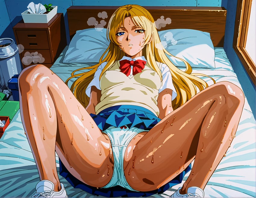 ai_generated bed blonde_hair blue_eyes breasts brown_eyes female female_focus female_only great_teacher_onizuka kanzaki_urumi laying_down legs_apart legs_spread long_hair lying_on_back panties pussy school_uniform shoes sweaty white_panties