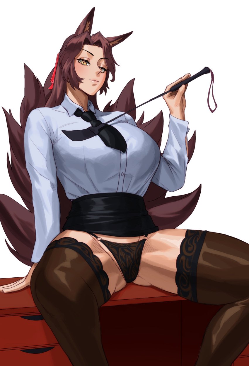 1girls big_breasts brown_hair commission female female_only fox_ears fox_girl fox_tail kitsune legs_apart looking_at_viewer miniskirt multiple_tails narrowed_eyes necktie shirt sitting solo sotcho stockings tail teacher teacher_outfit thick_thighs thong unamused very_high_resolution whip white_background yellow_eyes