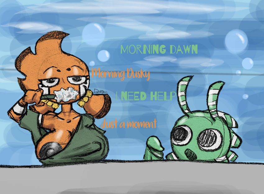 anthro big_penis brush brushing brushing_teeth clownfish colored dawn_(duskizi) dialogue duo duskizi dusky_(duskizi) erection female fish genitals green_body hi_res larger_female lionfish looking_at_another male male/female marine nipple_slip nipples orange_body original original_characters penis pomacentrid scorpaeniform simple_background size_difference sketch smaller_male