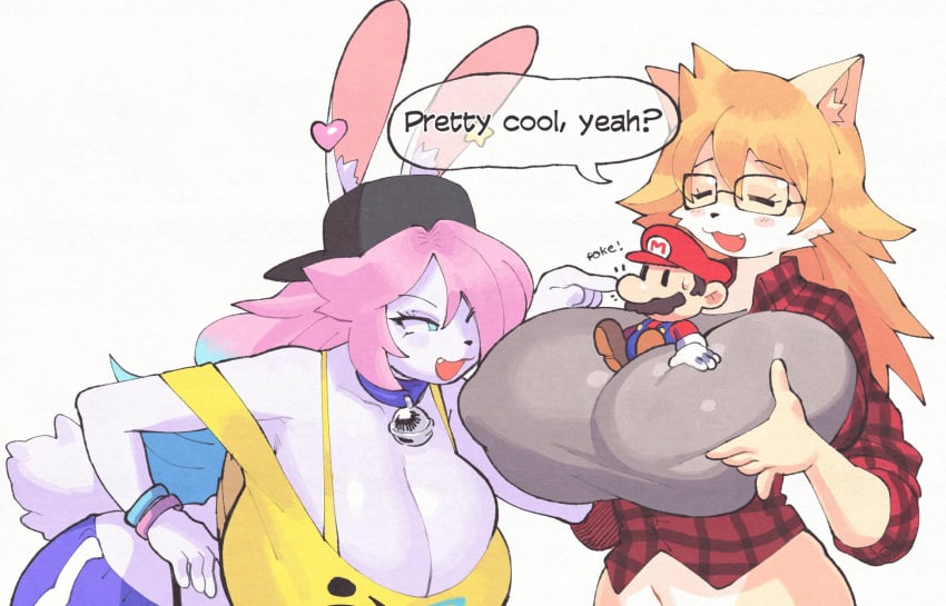 1boy 1other :3 big_breasts breasts cleavage cute_fang glasses huge_breasts inkuusan male mario nipple_bulge peanut_butter_(theycallhimcake) skindentation tagme thick_thighs wide_hips