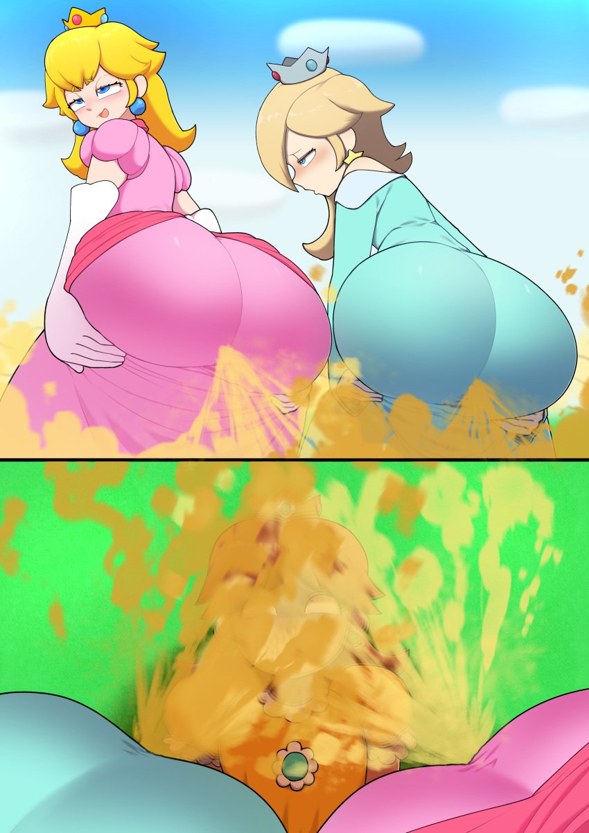 3girls ass ass_in_face big_ass blonde_hair brown_hair fart fart_bukkake fart_cloud fart_fetish farting farting_in_face female femdom femsub gasbox mario_(series) princess_daisy princess_peach princess_rosalina