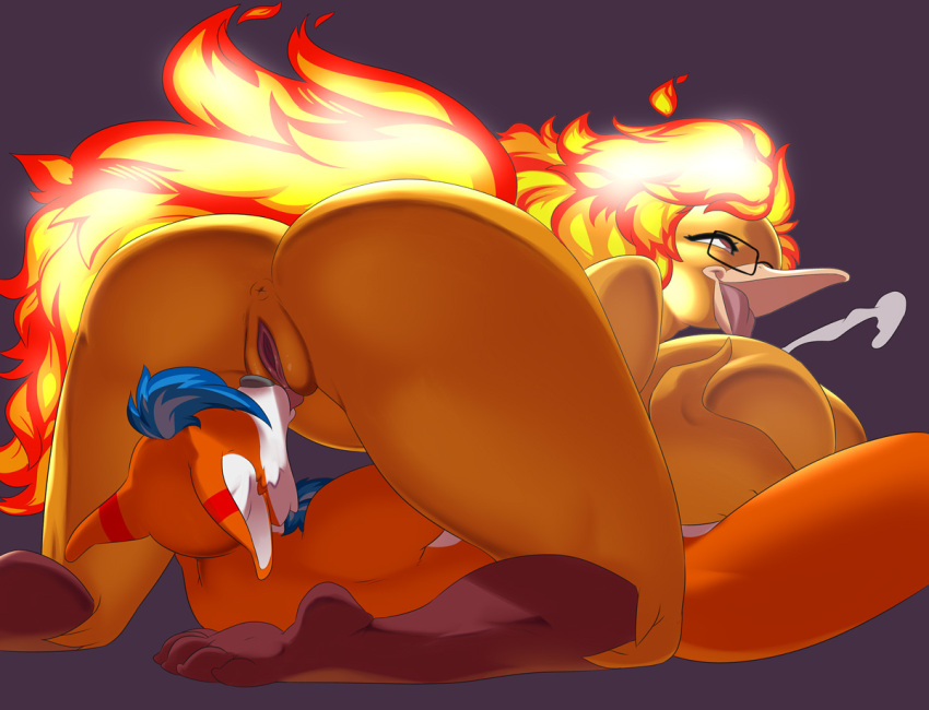 69 anthro avian big_breasts breasts cum cunnilingus digital_media_(artwork) female glasses hair juzztie looking_pleasured male moltres paizuri pokemon pokemon_(species) pussy thick_thighs