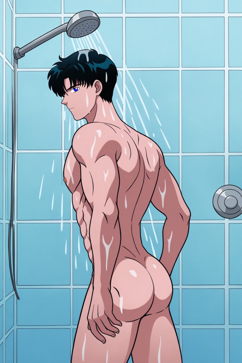 ai_generated etux looking_at_viewer mamoru_chiba sexy_pose shower shower_scene showering wet