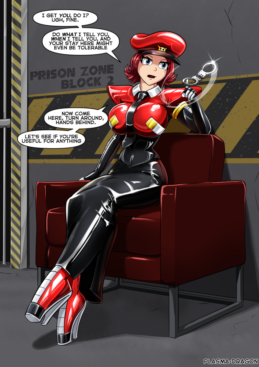 ballet_boots ballet_heels blue_eyes corset dialogue english_text female female_only fully_clothed gloves handcuffs high_heels hobble_skirt latex latex_clothing latex_gloves plasma-dragon prison prison_guard red_hair shiny_clothes skirt spinning_object text tight_clothing