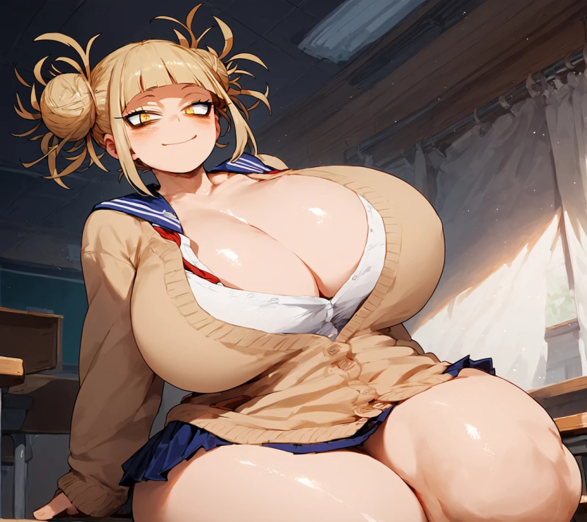 ai_generated alternate_breast_size bare_legs blonde_hair boku_no_hero_academia breasts_bigger_than_head gigantic_breasts hair_bun himiko_toga huge_breasts huge_thighs light-skinned_female light_skin looking_at_viewer massive_breasts my_hero_academia plumpart school_uniform schoolgirl shounen_jump smiling solo_female thick_body thick_female thick_thighs thighs thighs_bigger_than_head voluptuous voluptuous_female yellow_eyes