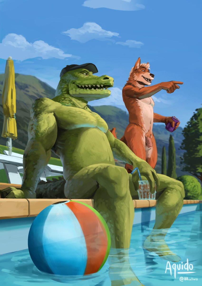 2022 alligator alligatorid anthro aquido ass ball balls baseball_cap baseball_cap_only beach_ball beach_umbrella beverage biceps canid canine casual_nudity clothing cloud crocodilian duo flaccid fox genitals gesture grin hand_gesture hat headgear headwear hi_res inflatable male male/male mammal manly mountain outside parasol partially_submerged pecs penis pointing pool poolside reptile scalie sitting smile spread_legs spreading standing triceps