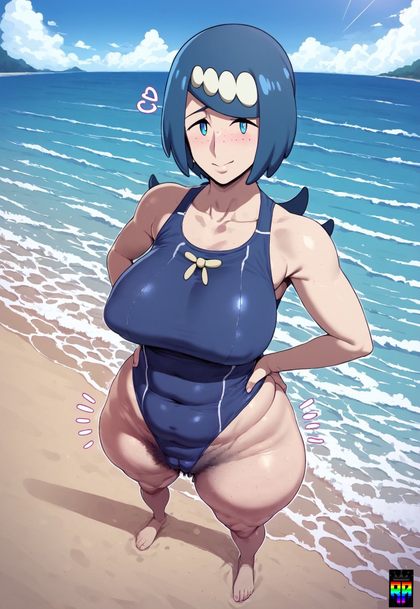 ai_generated barefoot beach big_ass big_breasts blue_eyes blue_hair blue_sky bottom_heavy cameltoe cellulite chubby clear_sky cute_face d-art_style dark_blue_hair daytime excessive_pubic_hair freckles_on_face hairy_pussy lana&#039;s_mother_(pokemon) light_blue_hair massive_ass massive_breasts mature_female milf mommy pokemon pubic_hair repartz sagging_breasts sand seaside short_hair sunny swimsuit thick_thighs waves white_female